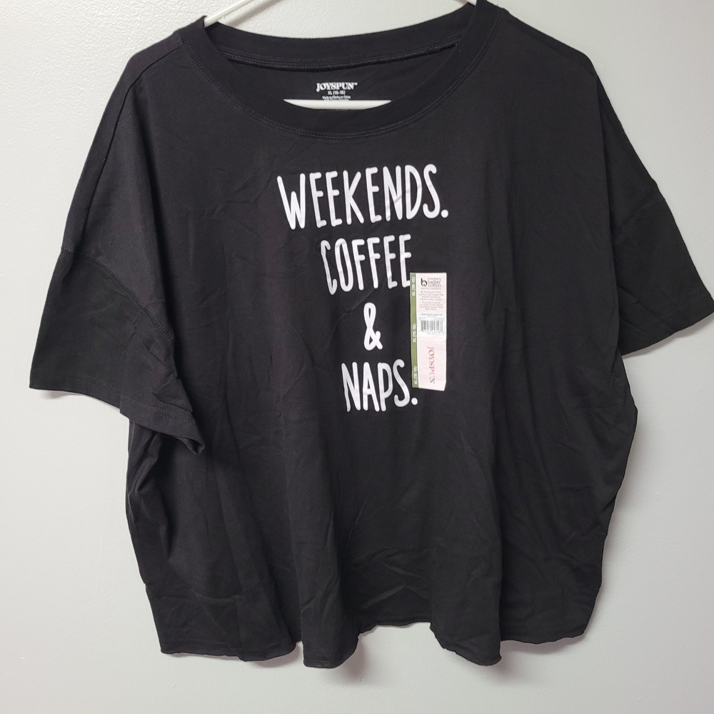 Joyspun Womens XL 16-18 Black Graphic T Shirt Weekends Coffee Naps Crew Neck
